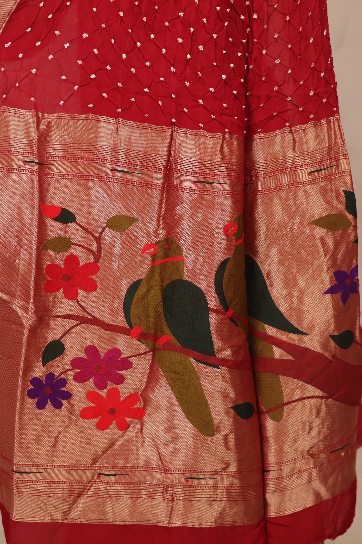 Maroon Handcrafted Bandhani Paithani Dola Silk Saree | Looms & Tassels