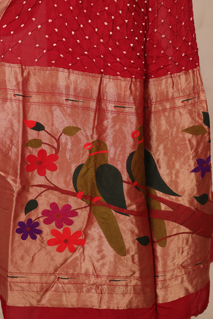 Maroon Handcrafted Bandhani Paithani Dola Silk Saree | Looms & Tassels