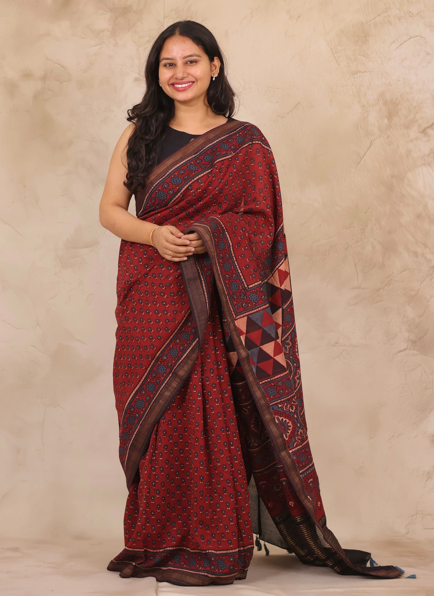 Maheswari Silk Cotton Ajrakh Handblock Printed Saree | Looms & Tassels