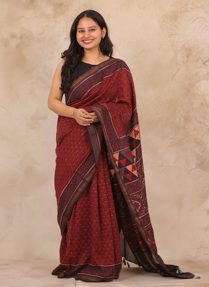 Maheswari Silk Cotton Ajrakh Handblock Printed Saree | Looms & Tassels