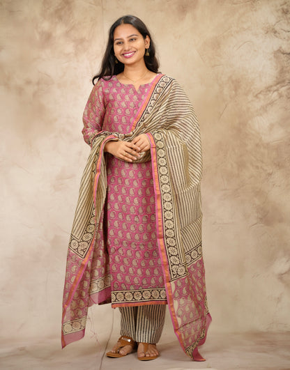 Pink Handblock printed Pure Chenderi Silk 3 piece suit (stitched) | Looms & Tassels