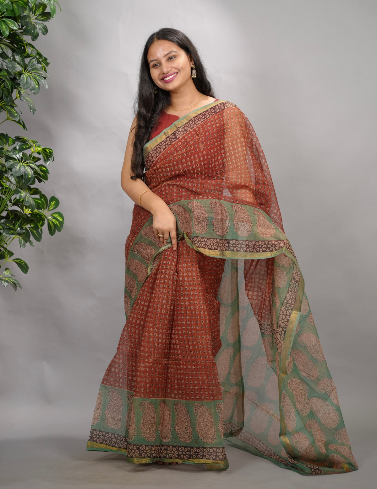 Maroon Pure Kota Doria Saree with Bagru Handblock Prints