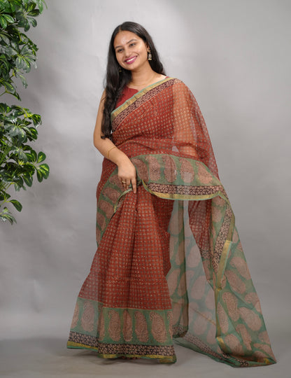 Maroon Pure Kota Doria Saree with Bagru Handblock Prints