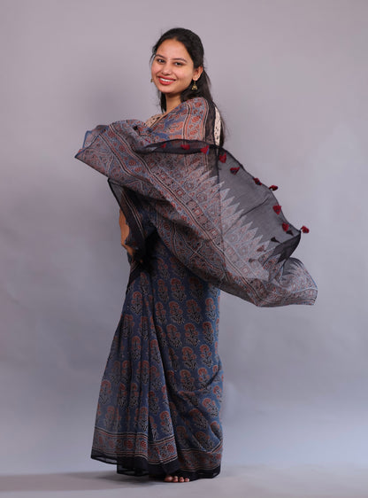 Indigo Ajrakh Hand Block Printed Kota Doria Saree | Looms & Tassels