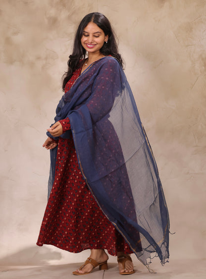 Maroon Pure Cotton Ajrakh Hand Block Printed Angarkha Kurta with Kota Dupatta | Looms & Tassels