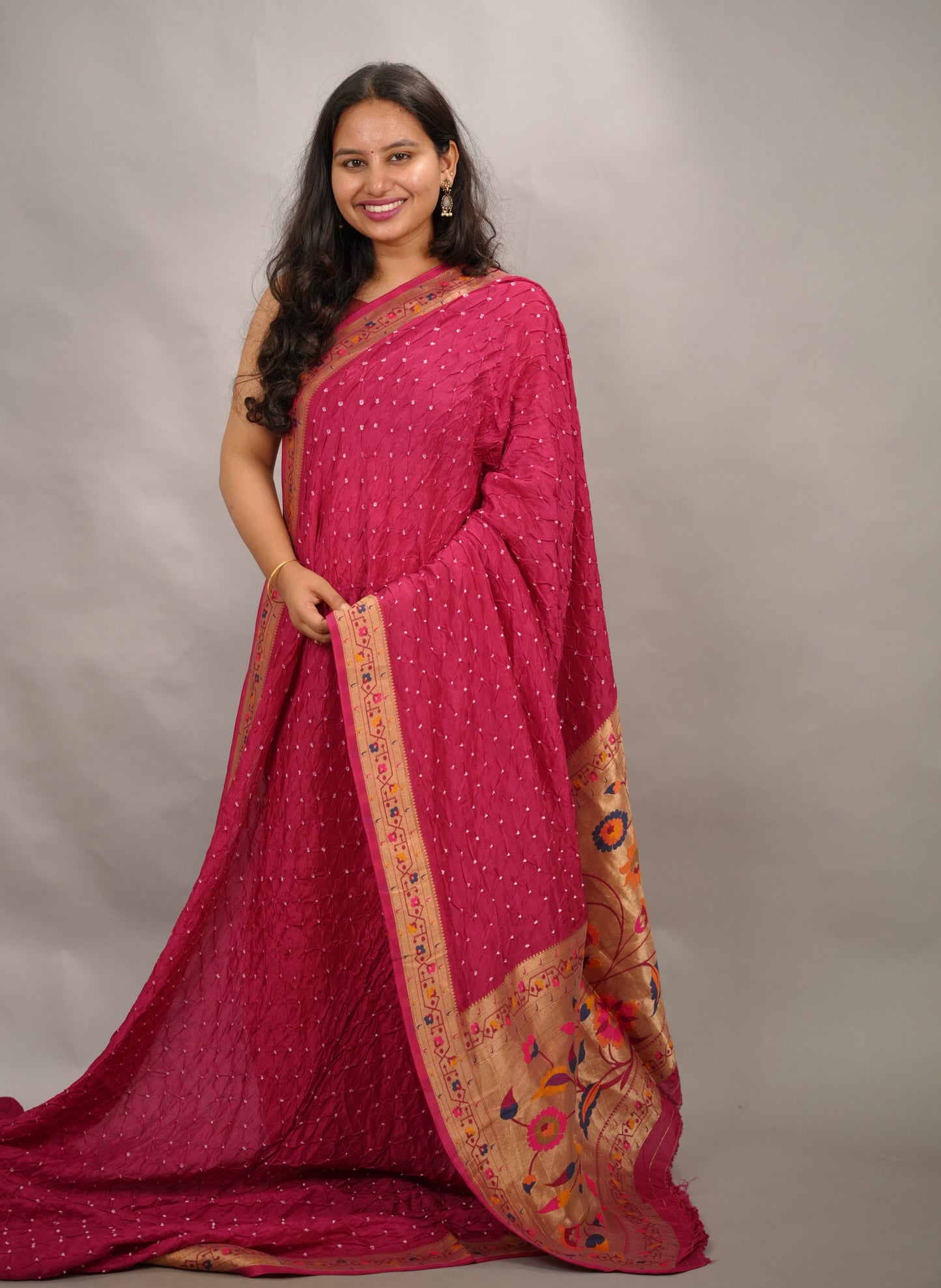 Magenta Pink Handcrafted Bandhani Paithani Dola Silk Saree | Looms & Tassels