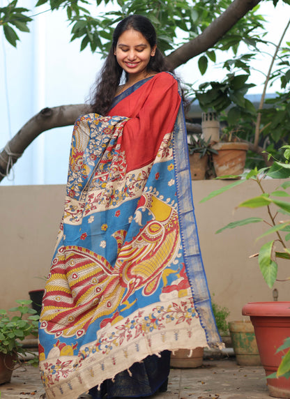 Red & Blue Madhubani Kalamkari Silk Handcrafted Kanchi Border Saree