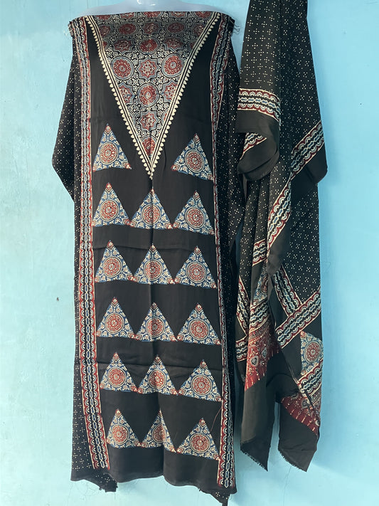 Black Ajrakh Handblock Printed Modal Silk 2 Piece Suit Set | Looms & Tassels