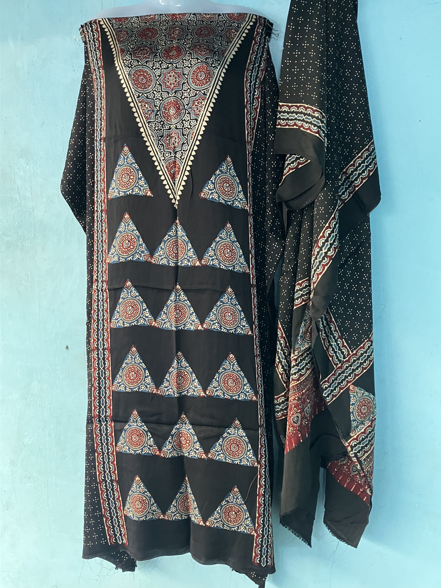 Black Ajrakh Handblock Printed Modal Silk 2 Piece Suit Set | Looms & Tassels