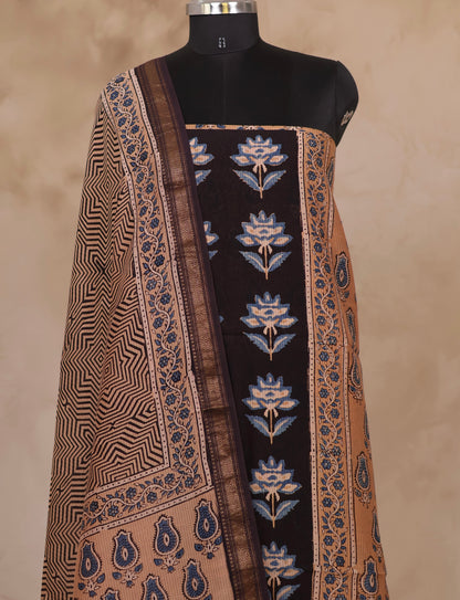 Maheswari Silk Cotton Ajrakh Handblock Printed 2 Piece Suit Set | Looms & Tassels