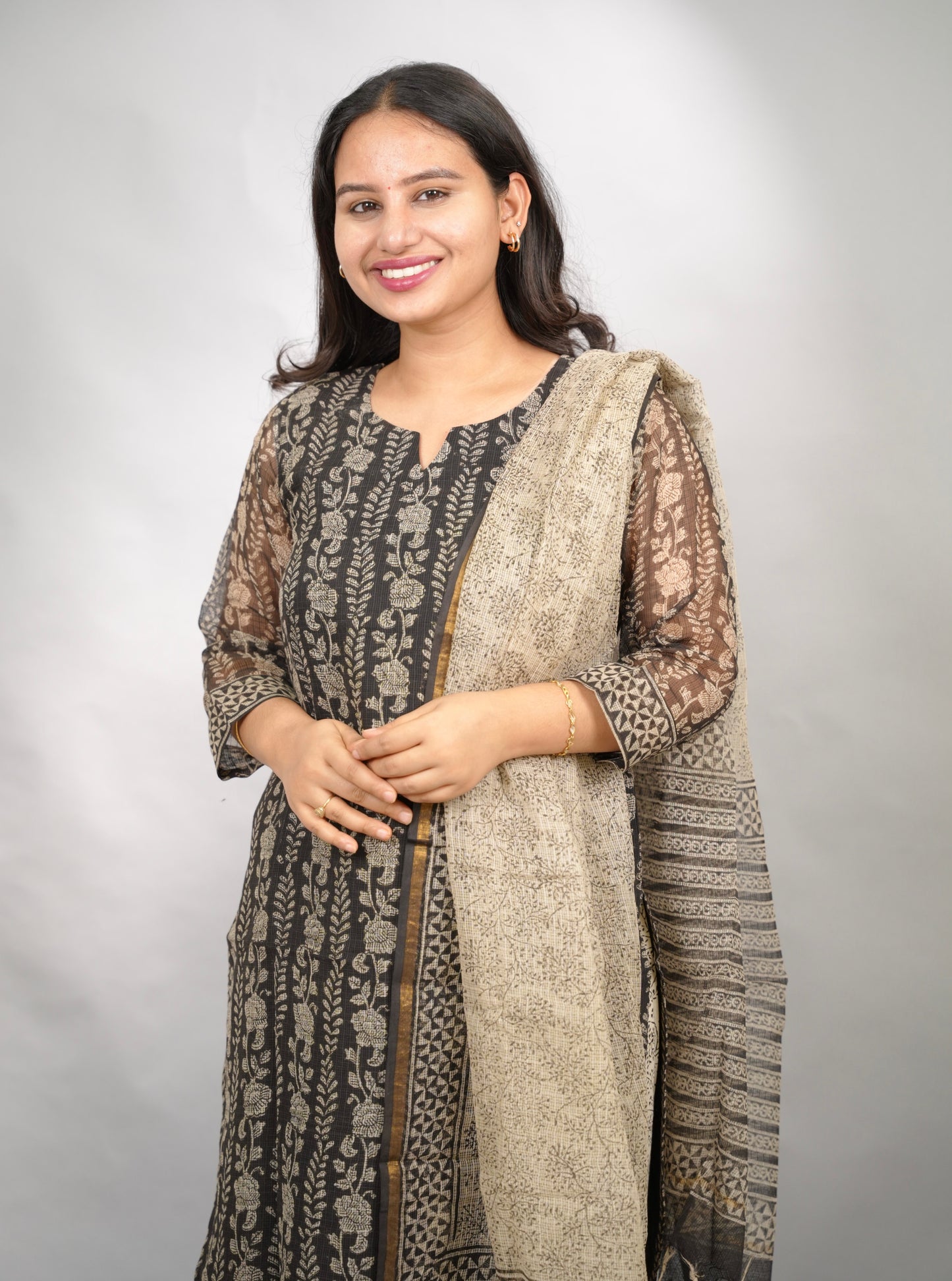 Black Handblock printed kota 3 piece suit (stitched)