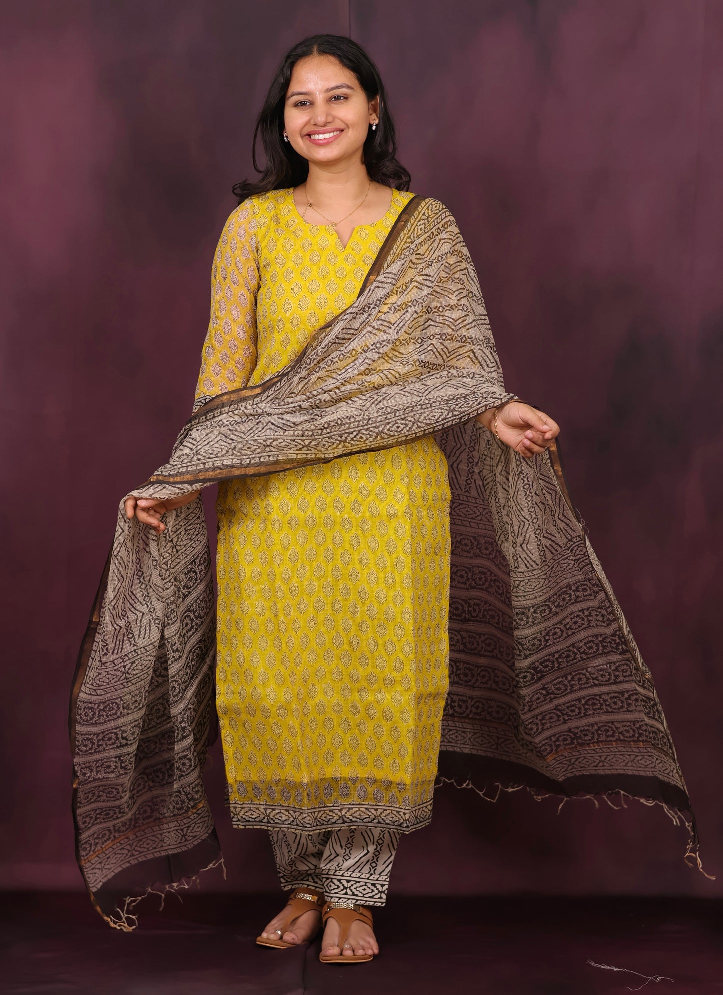 Yellow Handblock printed kota 3 piece suit (stitched)