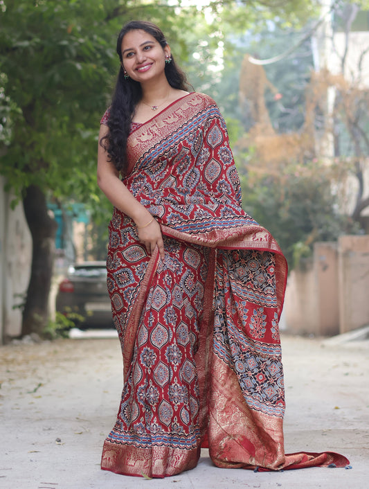 Red Traditional Badam Butta Ajrakh Handblock Printed Dola Silk Saree