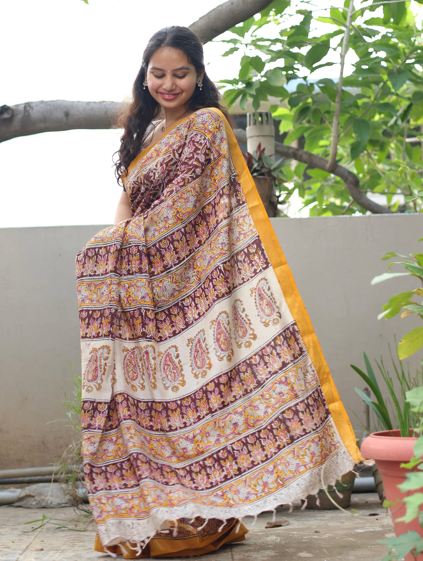Maroon Hand Block Printed Kalamkari Nizam Border Silk Sare