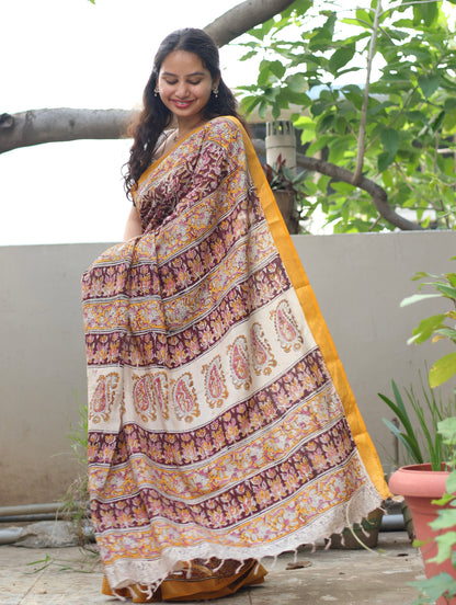 Maroon Hand Block Printed Kalamkari Nizam Border Silk Sare