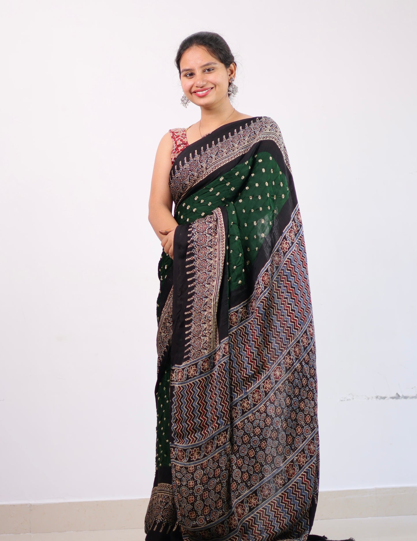 Green Ajrakh Bandhej Modal Silk Saree