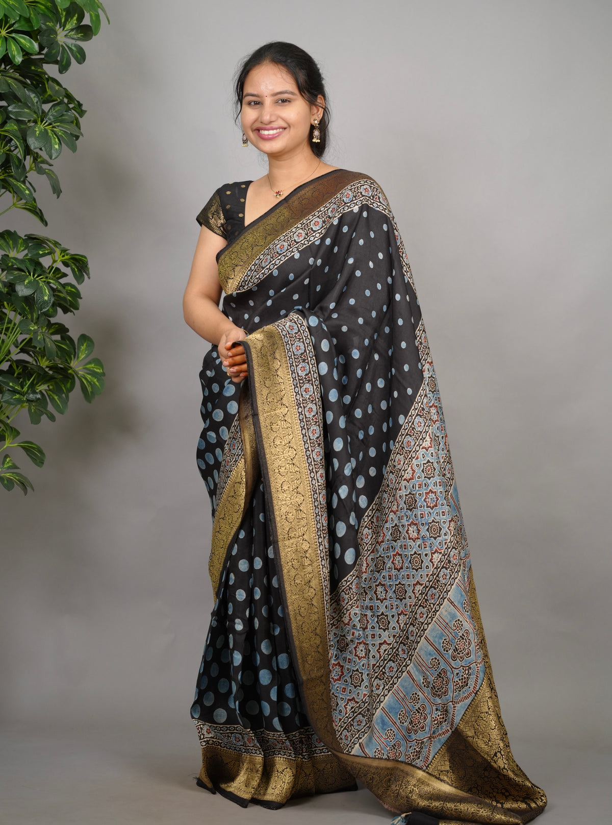 Ajrakh Dola Silk Saree - Black | Looms & Tassels