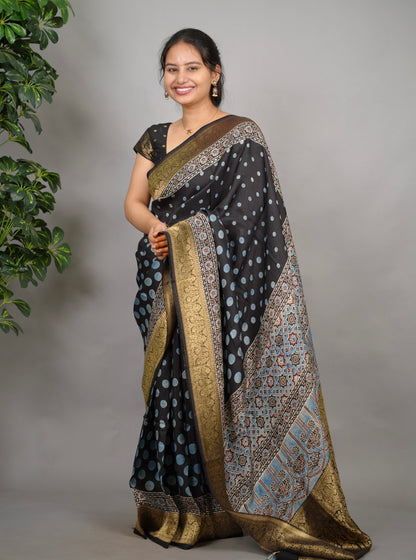 Ajrakh Dola Silk Saree - Black | Looms & Tassels