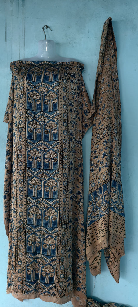 Handblock printed Ajrakh modal silk 2 piece suit set