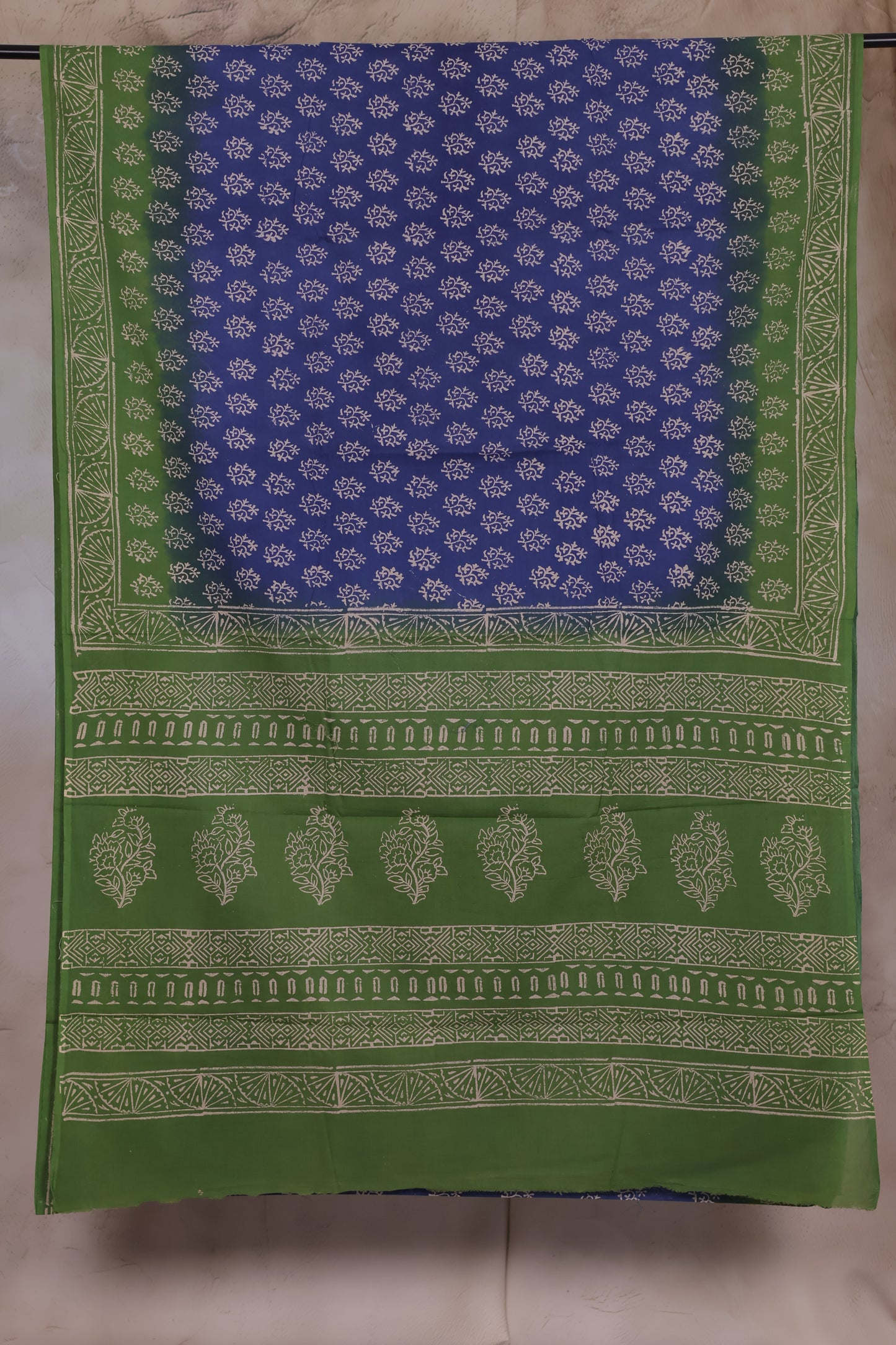 Green And Blue Bagru Handblock printed MulMul cotton saree