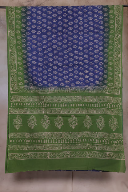Green And Blue Bagru Handblock printed MulMul cotton saree
