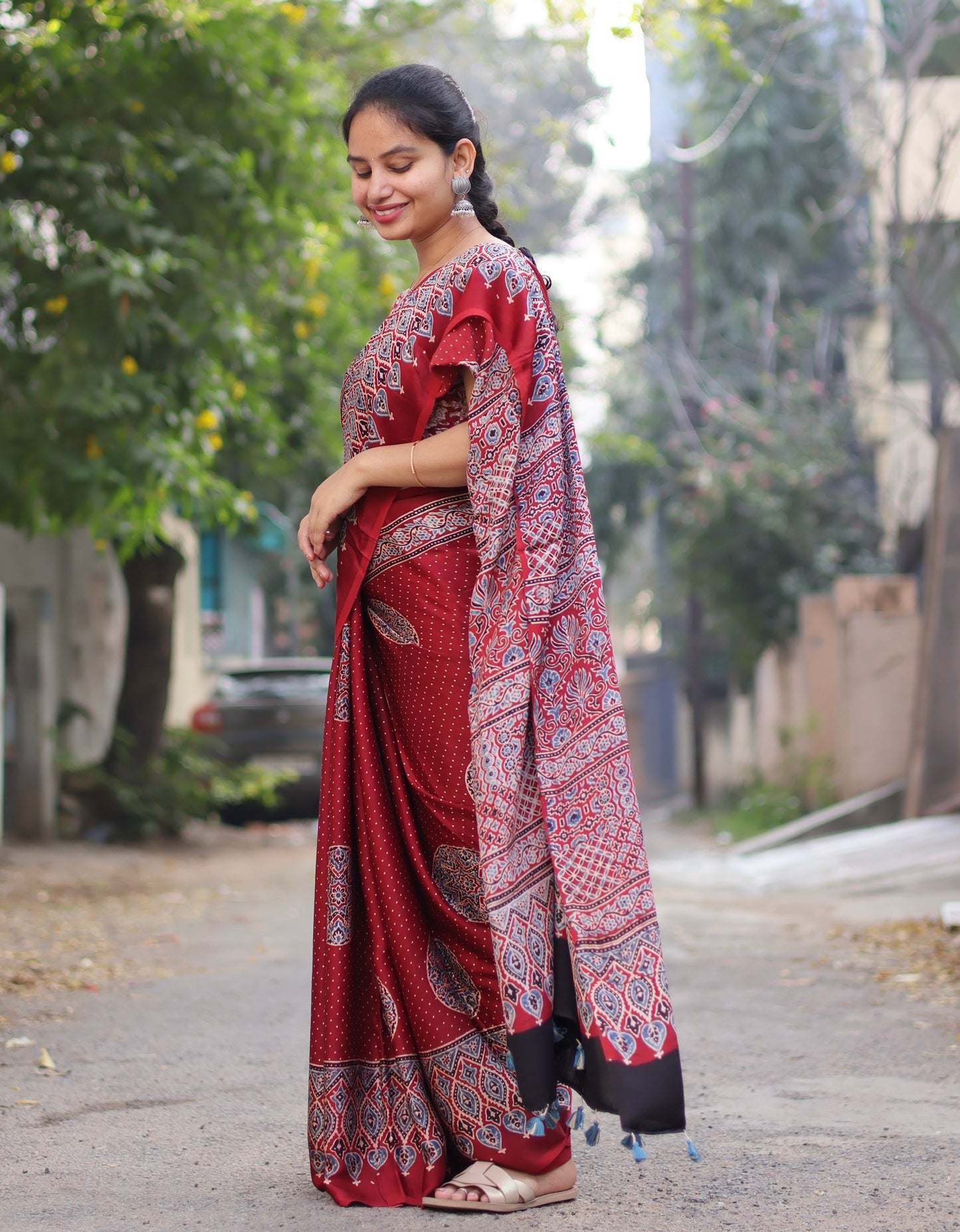 Red Ajrakh Modal Silk Saree