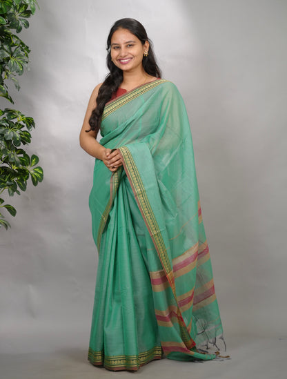 Sea Green Narayanpet Cotton Saree | Looms & Tassels