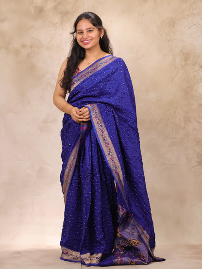 Blue Handcrafted Bandhani Paithani Dola Silk Saree | Looms & Tassels