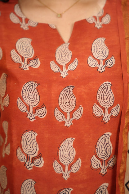 Maroon Handblock printed Pure Chenderi Silk 3 piece suit (stitched) |  Looms & Tassels
