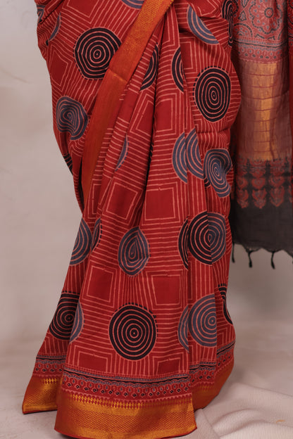 Red Ajrakh Hand Block Printed Mangalagiri Cotton Saree | Looms & Tassels