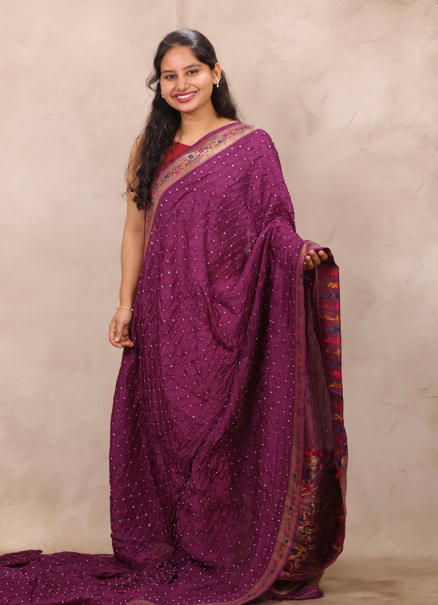 Magenta Handcrafted Bandhani Paithani Dola Silk Saree | Looms & Tassels