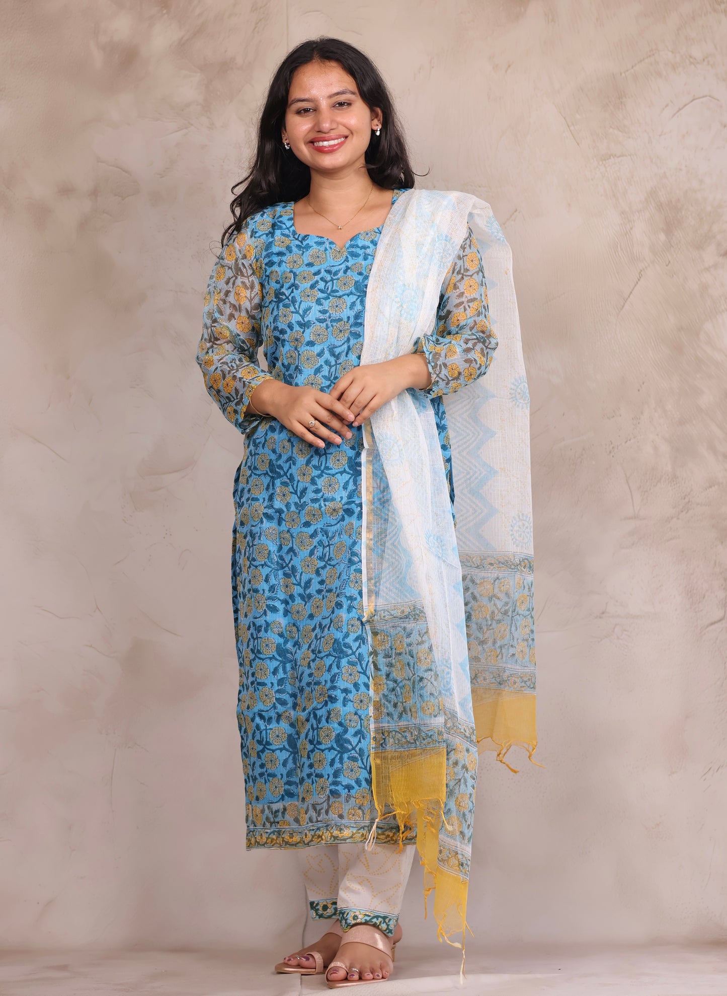 Sky Blue Bagru Handblock printed kota 3 piece suit (stitched)