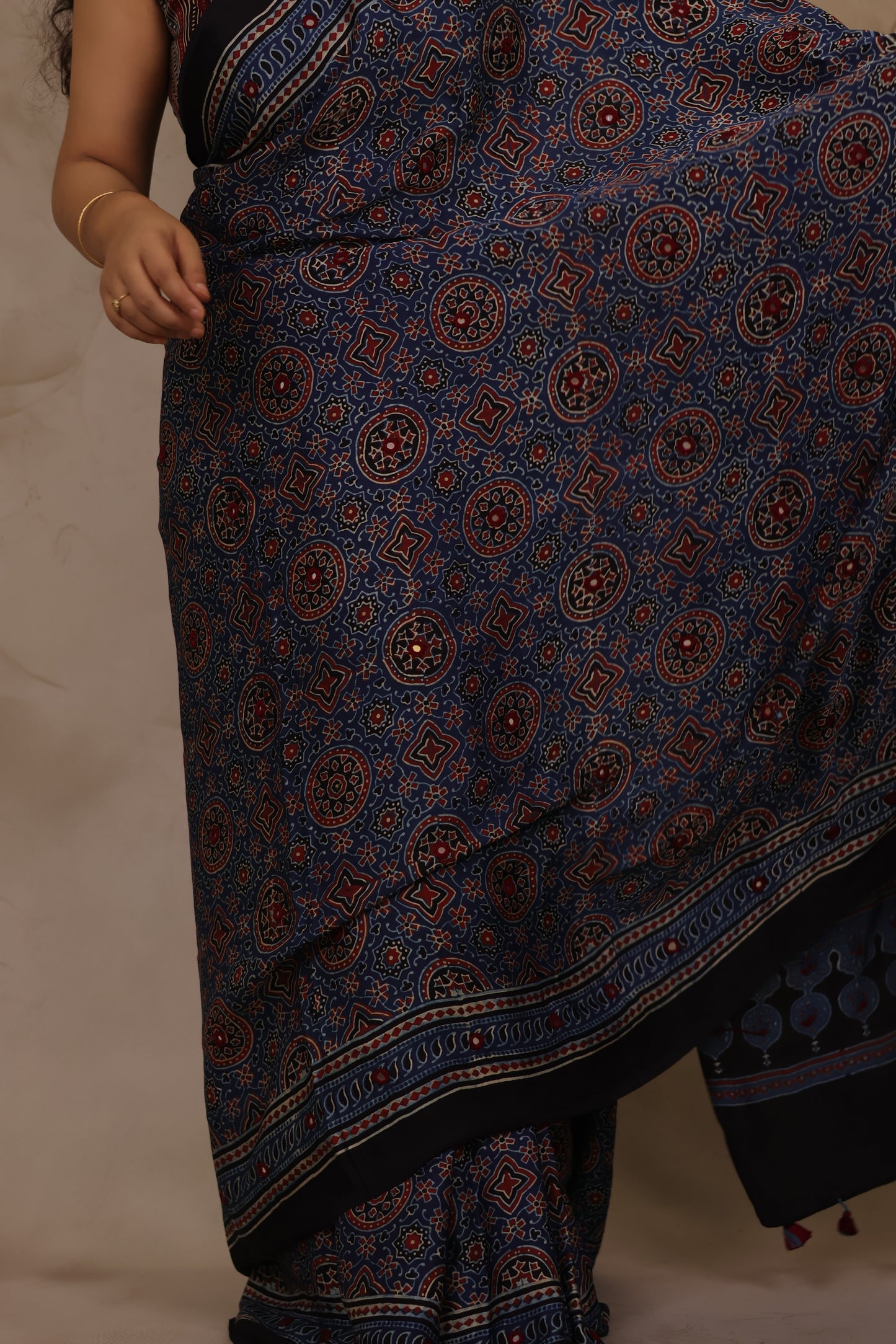 Indigo Handcrafted Ajrakh Modal Silk Saree with Authentic Banjara Mirror Work | Looms & Tassels