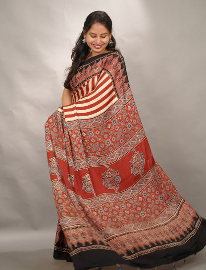 Authentic Red And Cream Stripes Ajrakh Handblock Printed Modal Silk Saree | Looms & Tassels