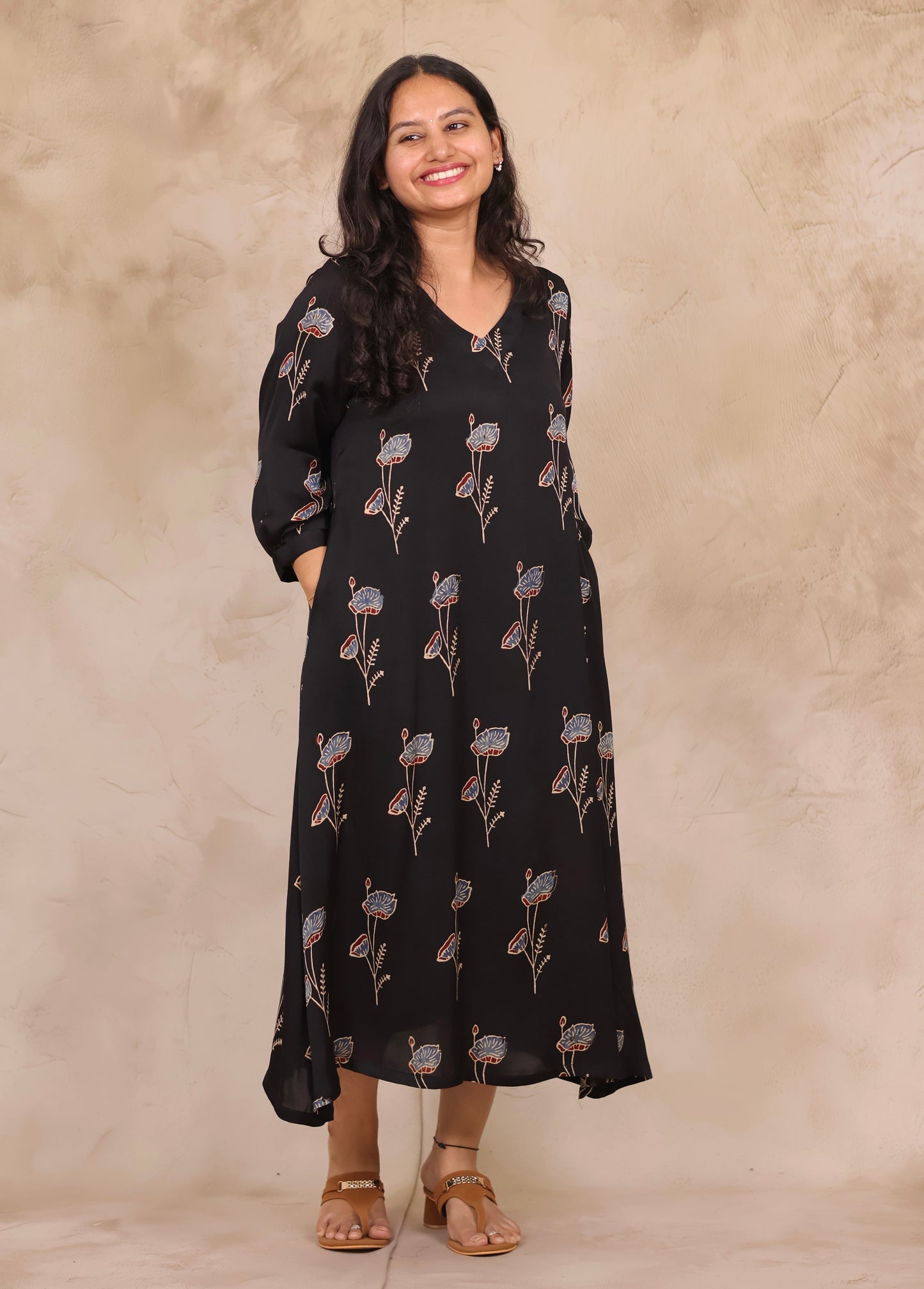 Black Ajrakh Modal Silk Aline Dress | Looms & Tassels
