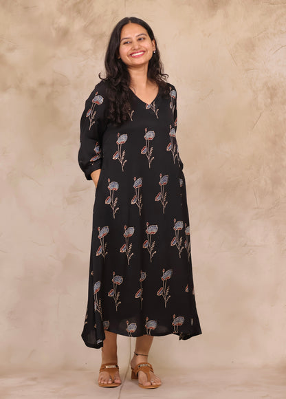 Black Ajrakh Modal Silk Aline Dress | Looms & Tassels