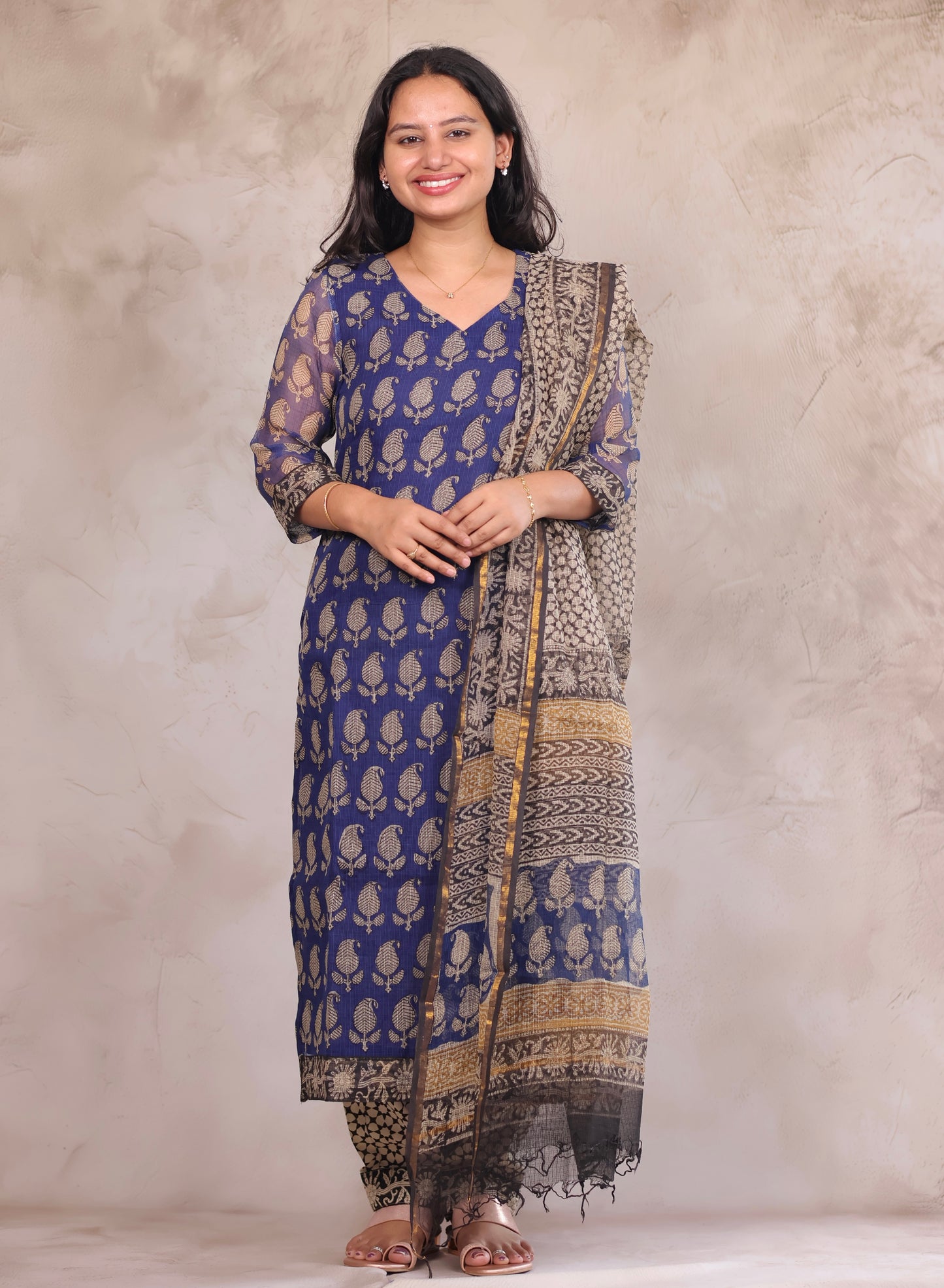 Blue Bagru Handblock printed kota 3 piece suit (stitched)