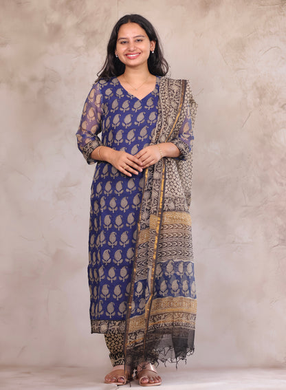 Blue Bagru Handblock printed kota 3 piece suit (stitched)