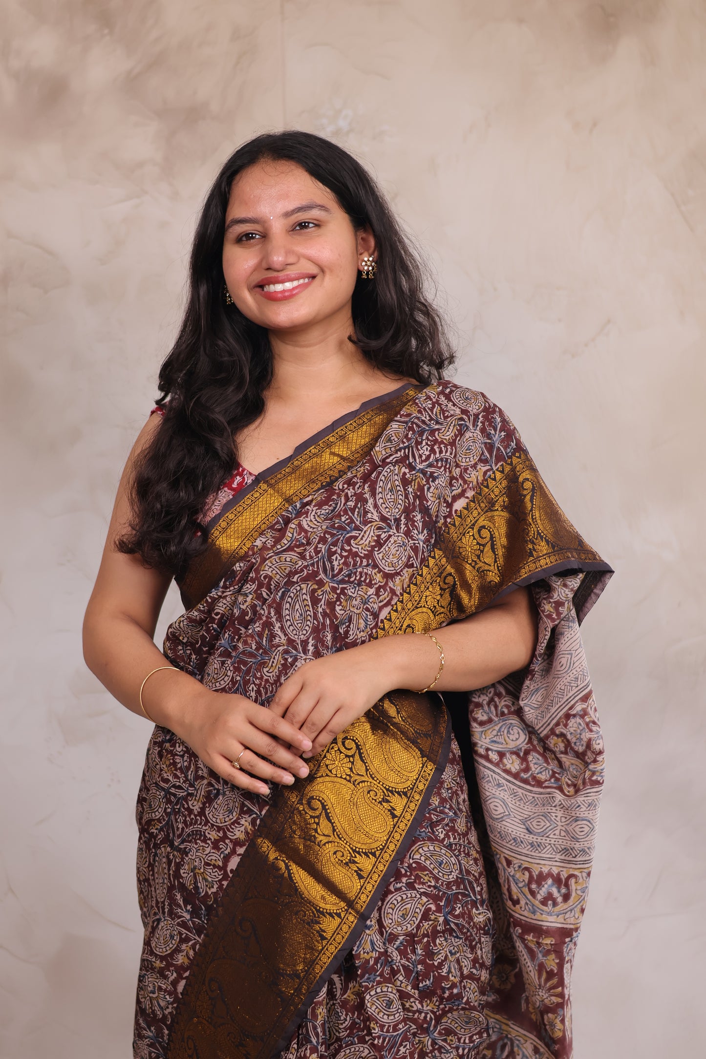 Brown Hand Block Printed Kalamkari Kanchi Border Silk Saree