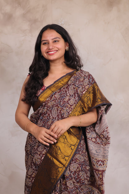 Brown Hand Block Printed Kalamkari Kanchi Border Silk Saree