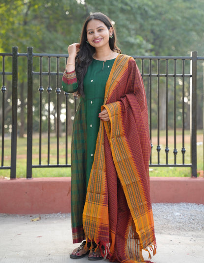 Green Narayanpet Cotton Anarkali Dress with Narayanpet Dupatta | Looms & Tassels