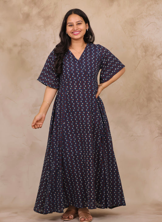 Indigo Blue Hand Block Printed Pure Mul Cotton Maxi Dress | Looms & Tassels