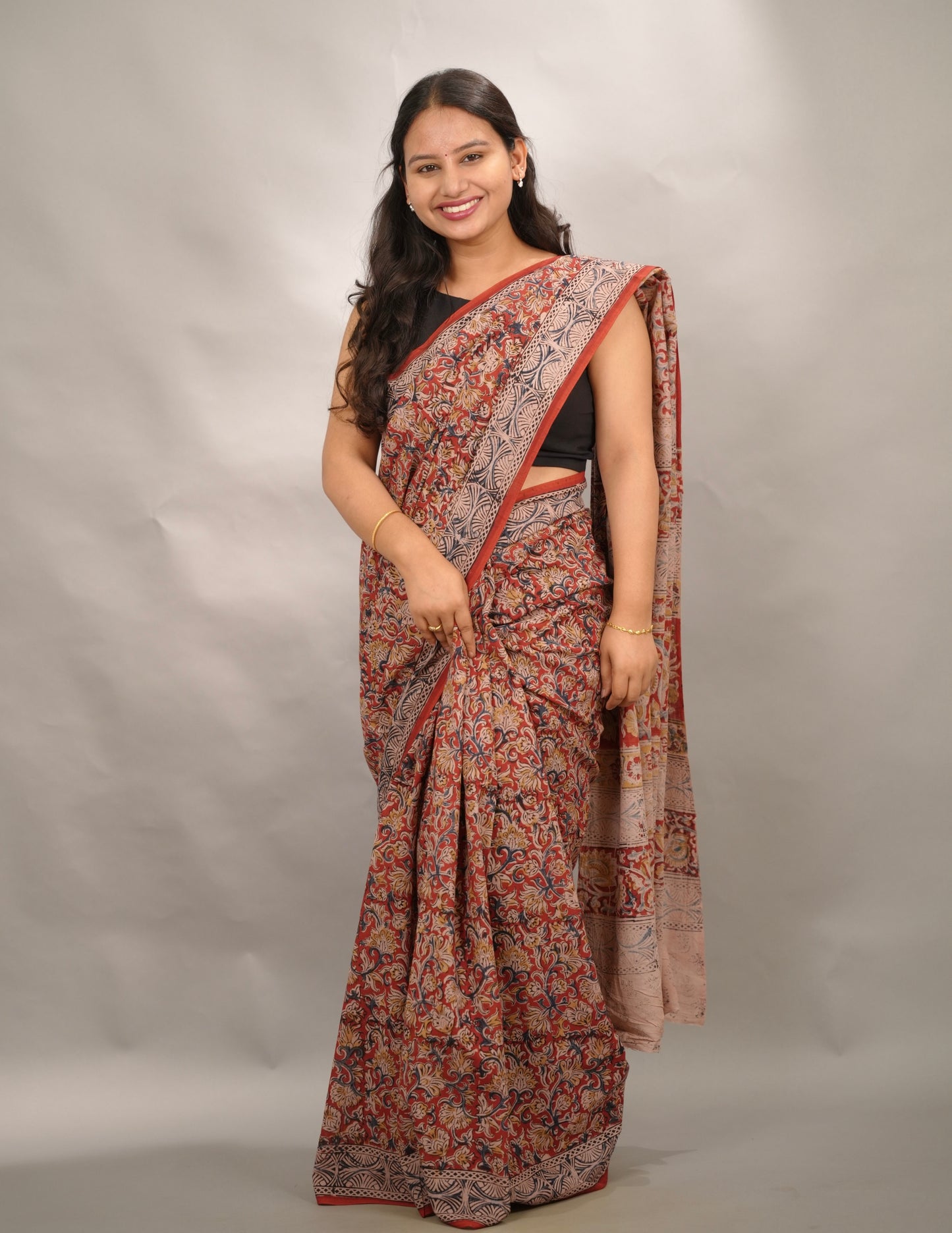 Red Hand Block Printed Kalamkari Cotton Saree | Looms & Tassels