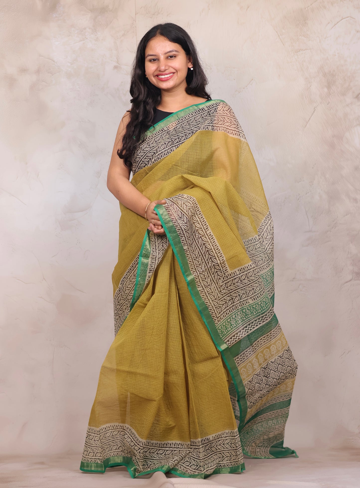 Yellow Pure Kota Doria Saree with Bagru Handblock Prints | Looms & Tassels