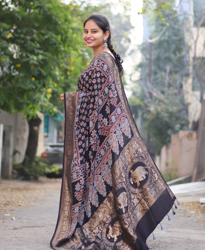 Black Ajrakh Dola Silk Saree