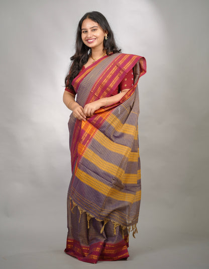 Lavender Dual Tone Checks Narayanpet Cotton Saree with Traditional contrast Border | Looms & Tassels