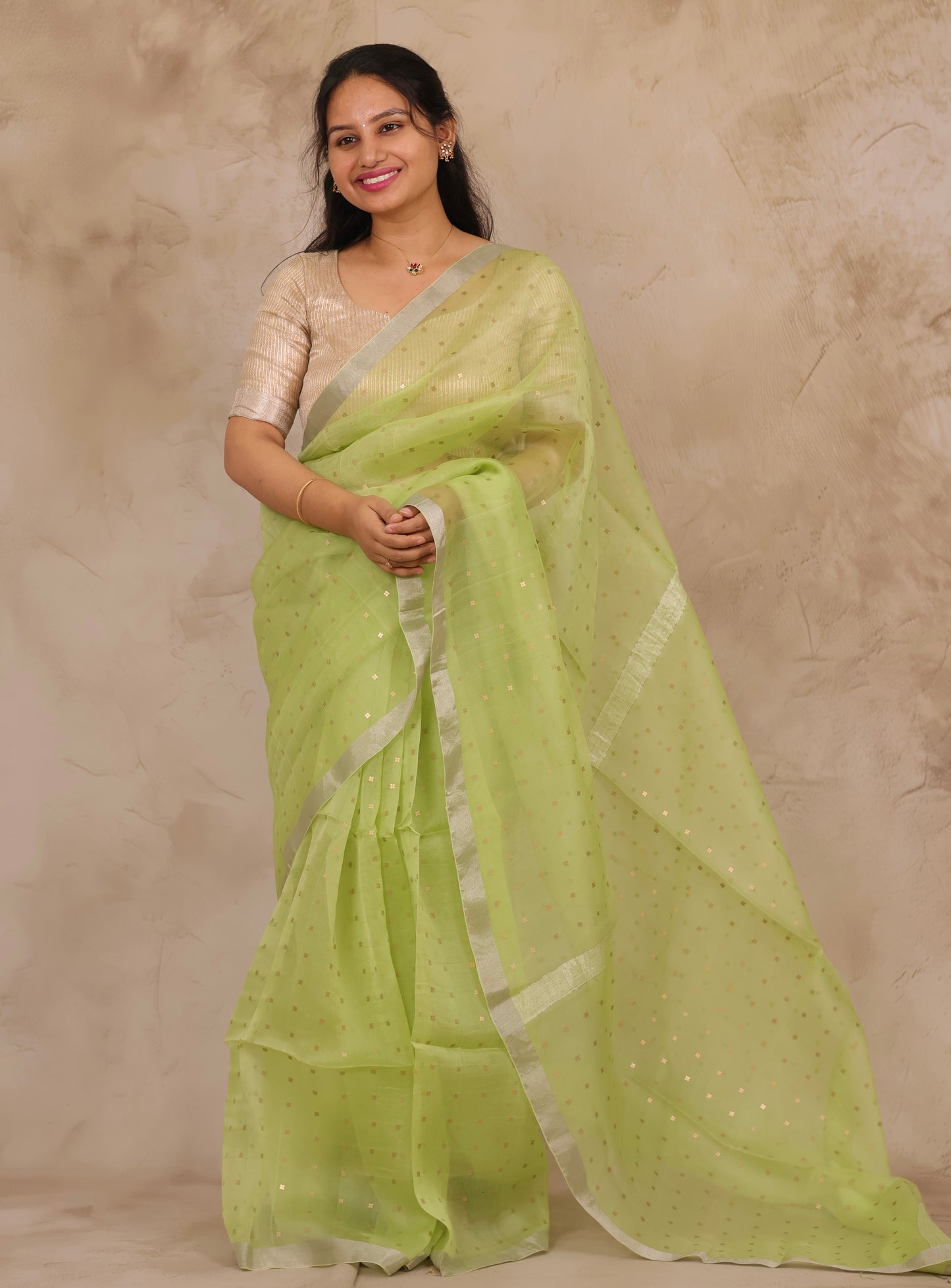 Pastel Lime Green Handwoven Muslin Silk Saree With Sequence Work | Looms & Tassels