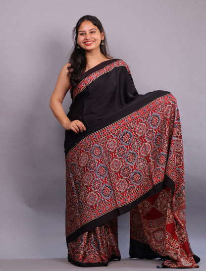Authentic Ajrakh Handblock Printed Modal Silk Saree | Looms & Tassels
