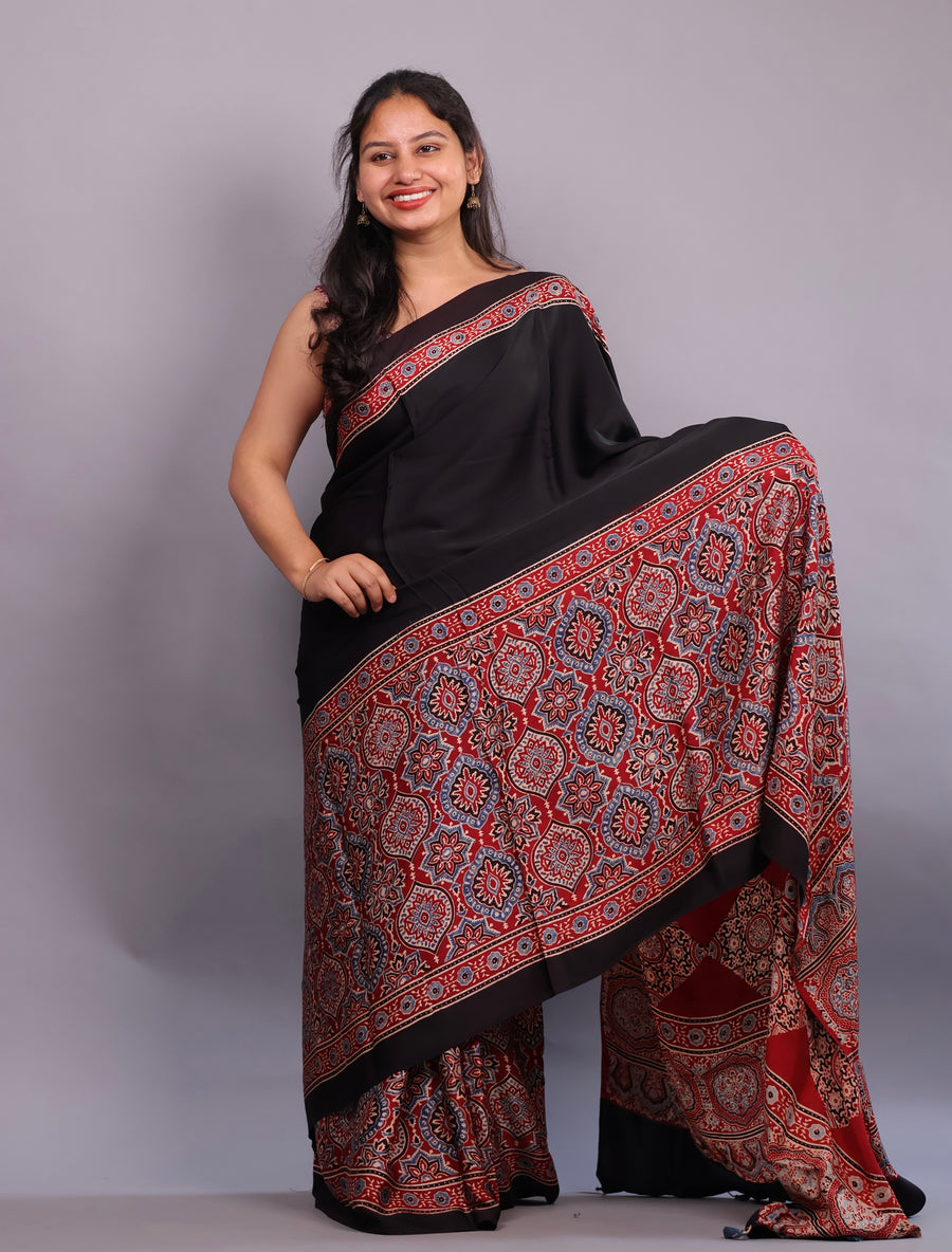 Authentic Ajrakh Handblock Printed Modal Silk Saree | Looms & Tassels