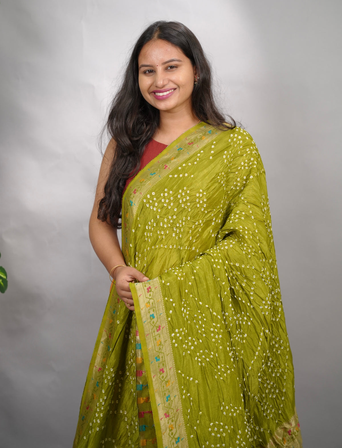 Olive Green Handcrafted Pattern Bandhani Paithani Dola Silk Saree | Looms & Tassels
